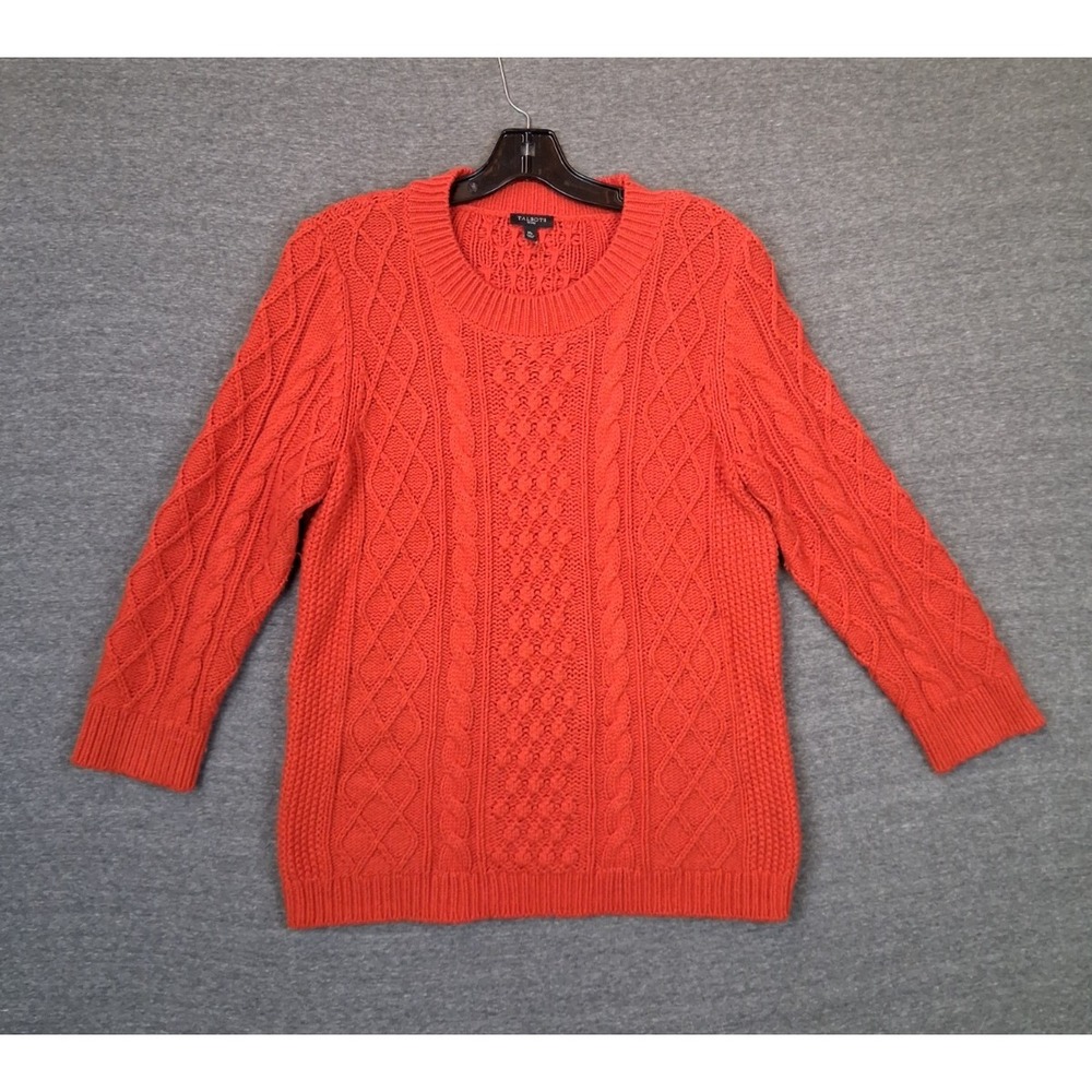 Talbots Women Sweater M Petite Orange Cable Knit Wool Blend Academia Coastal